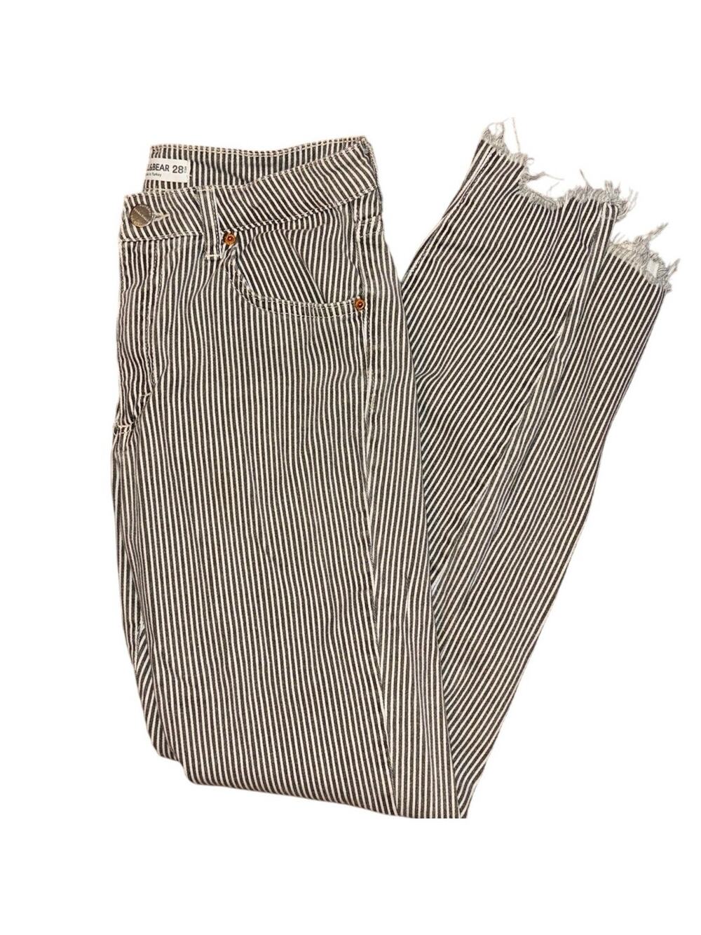 PULL&BEAR Striped Skinny Crop Jeans Sz 28 Gray White Raw Hem Stretch Cotton